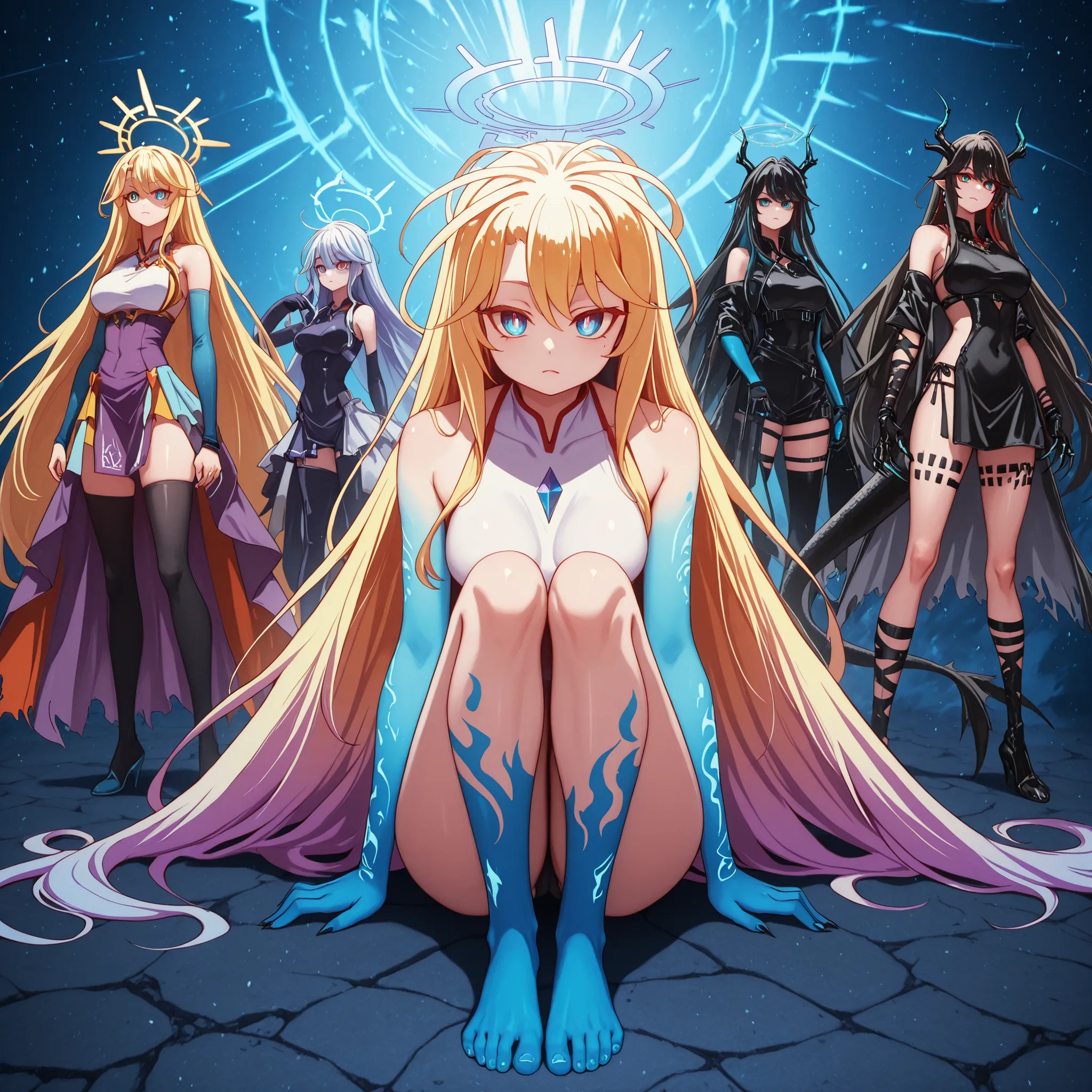 sozinho, 1 menina, facing the viewer, golden blonde hair with the inside of the hair in blue, O penteado de "no game no life", O corpo de Shiro "no game no life", sparkling and flashy blue eyes, robotic eyes, franja longa, cabelo desgrenhado, anatomia perf...