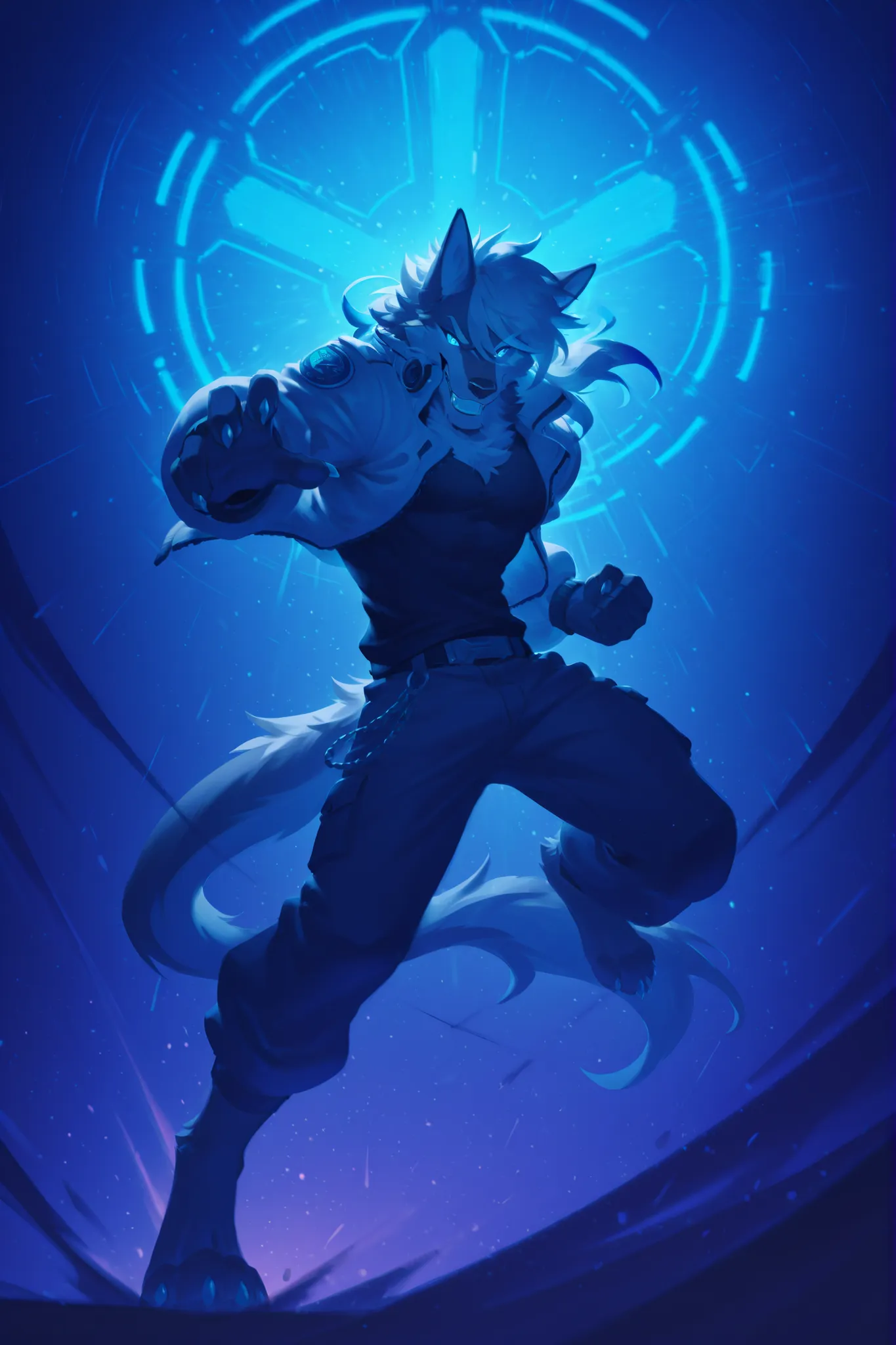 sfw,masterpiece,UHD,solo,anthro,furry,furry male, score_9, score_8_up, score_7_up, rating_safe, source_furry, detailed, shadows, futuristic anthro character, perfect face, Dragon male furry, smiling expression, Mane hair, long spiky white hair, Camera focu...
