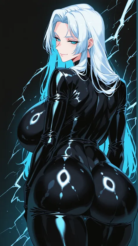 score_9, score_8_up, score_7_up, source_anime, 1girl, solo, glossy skin, melanch0ly, 1990s, retro anime  BREAK 

Huge breasts, attractive woman, hourglass body, narrow waist, hips, long hair, white hair, Blue eyes, bangs

Latex bodysuit, black suit, tight ...