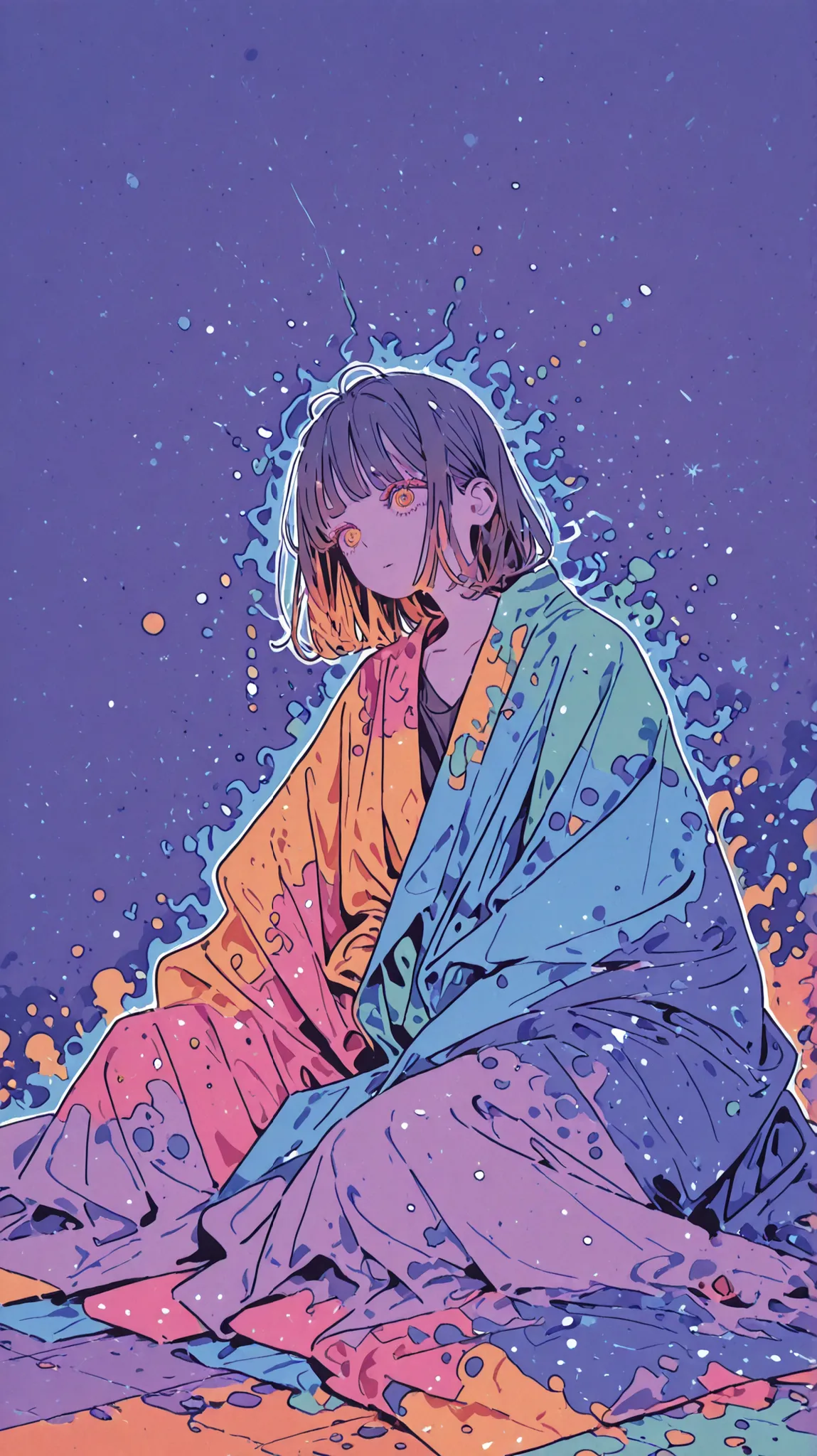close-up professional photo of a young woman wrapped in a colorful warm quilt, cell shading, Bold outline, flat color, Sharp Shadow, graphic style, (Manga Effects:1.3), clean line art, Impressive Footage ,comics