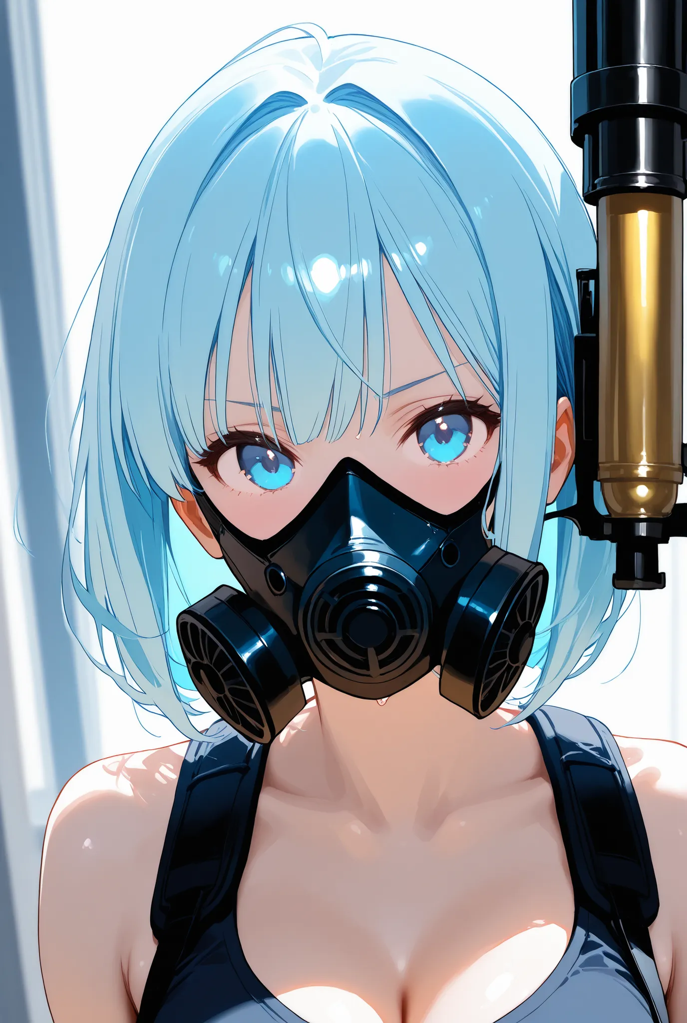 girl light blue hair Bob gun GAS MASK strong face up
