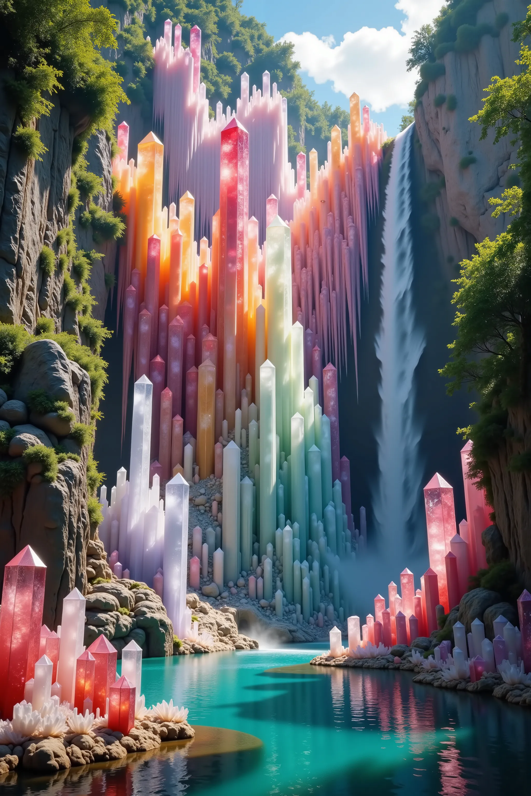 A cliff that is 300 feet tall made up of gigantic and translucent quartz crystal points that are multicolored pillars in a tropical rainforest. In the middle of these skyscraper sized quartz crystals is an incredible gushing, cascading waterfall that pours...
