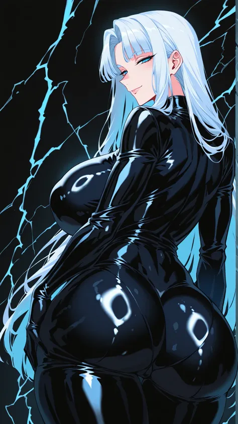 score_9, score_8_up, score_7_up, source_anime, 1girl, solo, glossy skin, melanch0ly, 1990s, retro anime  BREAK 

Huge breasts, attractive woman, hourglass body, narrow waist, hips, long hair, white hair, Blue eyes, bangs

Latex bodysuit, black suit, tight ...