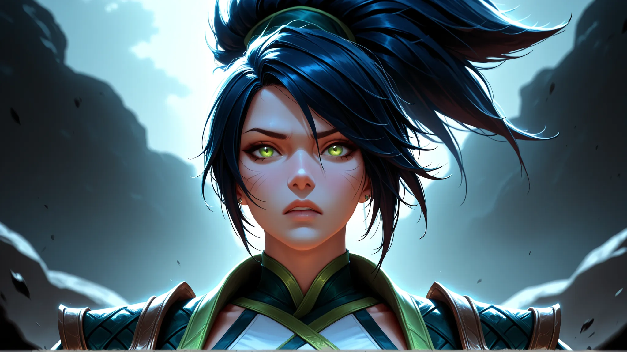 Akali from League of Legends, white uniform, green emerald Jacket, black hair,cinematic dramatic lighting, solo portrait, highly detailed face, piercing gaze, intense expression, dynamic-angle, View, dramatic view, dark fantasy, darkness, photorealistic, 8...