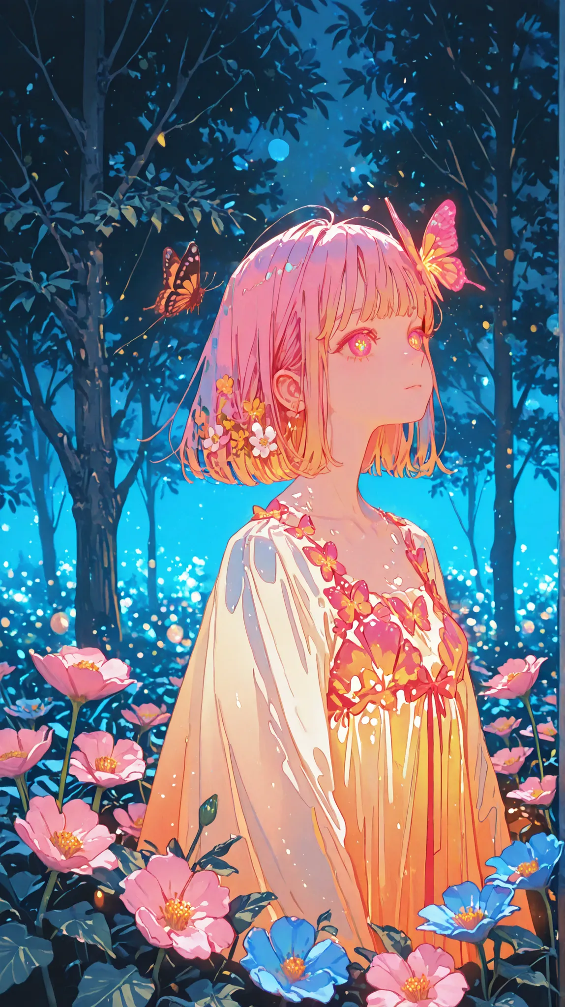 masterpiece, (best quality), ((best detailed)), written depth, beautiful girl, beautiful face, nature, Spirit, blossom, colorful landscape, flower, butterfly, Glowing Dress, 4K, HDR, Precise Details, photographic realism, professional , Vivid Colors, Bokeh...