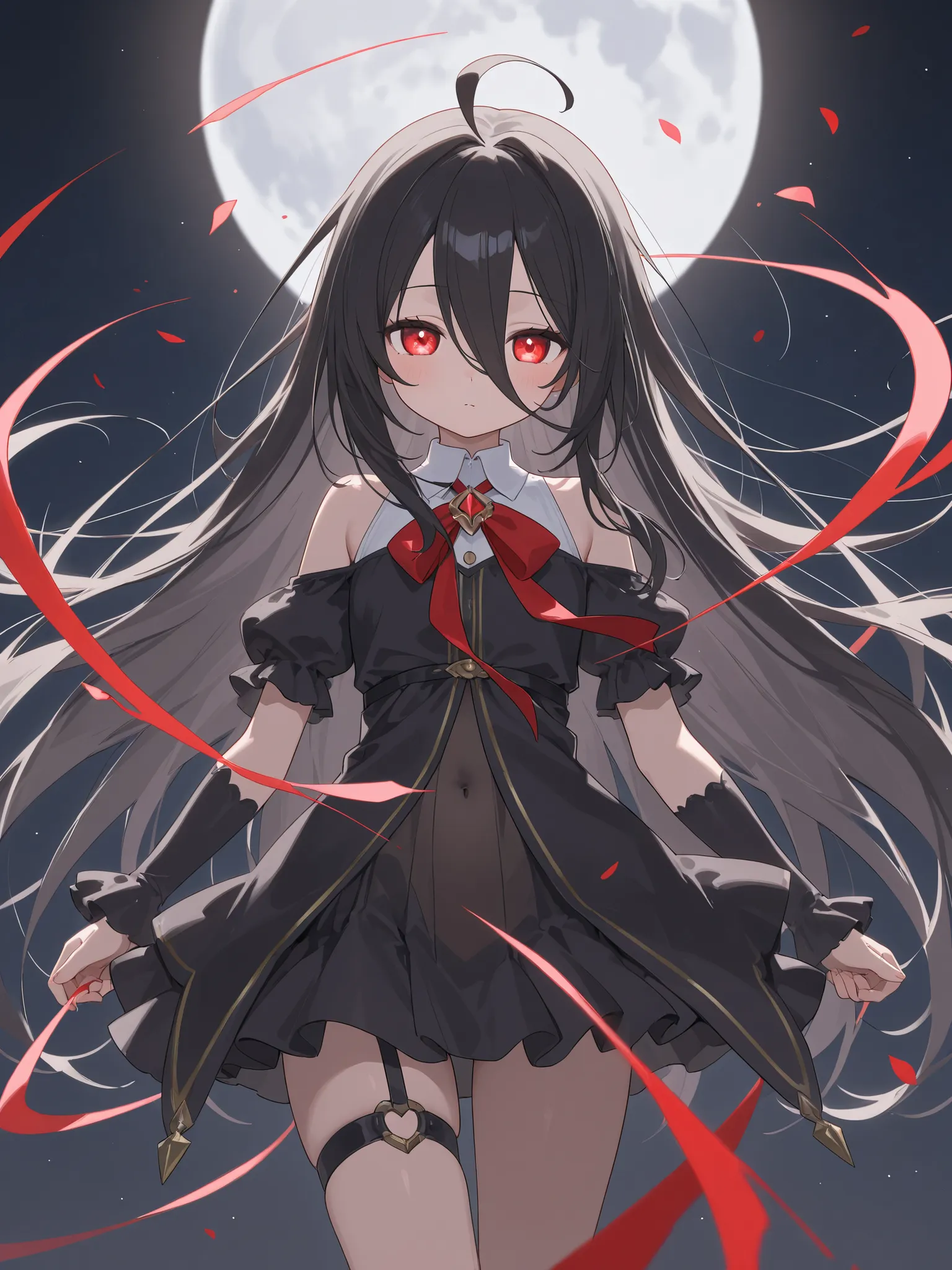 black hair、 long、red eye、girl、moon、ephemeral
