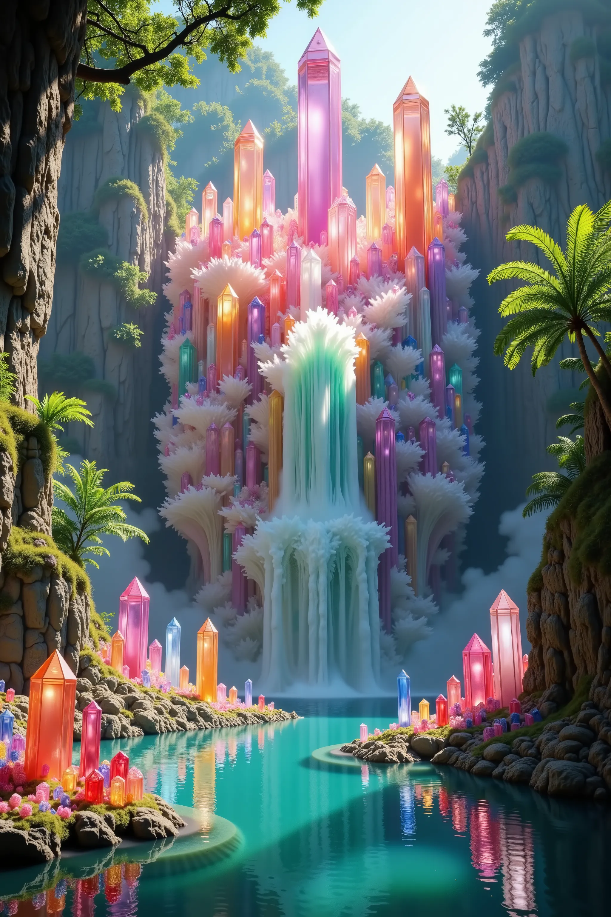 A cliff that is 300 feet tall made up of gigantic and translucent quartz crystal points that are multicolored pillars in a tropical rainforest. In the middle of these skyscraper sized quartz crystals is an incredible gushing, cascading waterfall that pours...