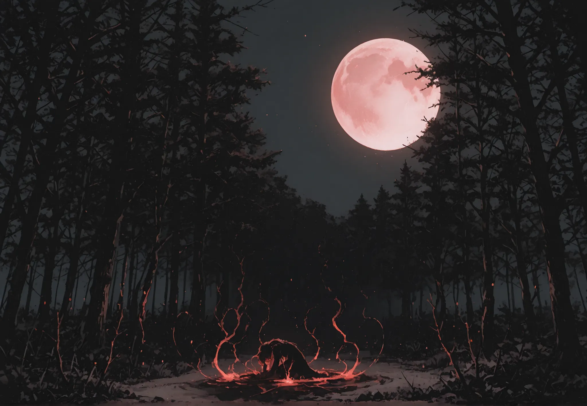A vast and atmospheric background: a dense, shadowy forest stretches into the distance, filled with tall, dark trees. Through the gaps in the canopy, a small red full moon peeks through, casting an eerie red glow across the landscape. The forest exudes a h...