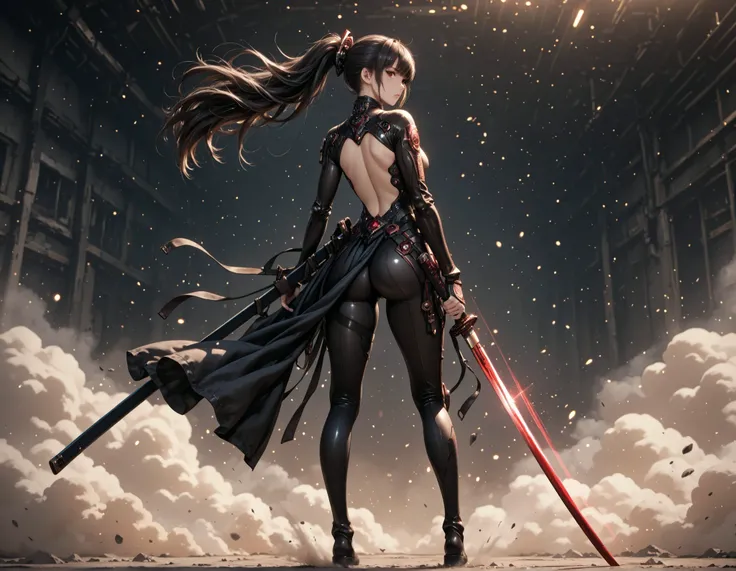  Eve character from the game called Stellar Blade in the middle of a post-apocalyptic scenario holding a huge katana sword (also called masamune), (with her back to the viewer), (full body), (hair moving in the wind), (light particles), (dust particles), (...