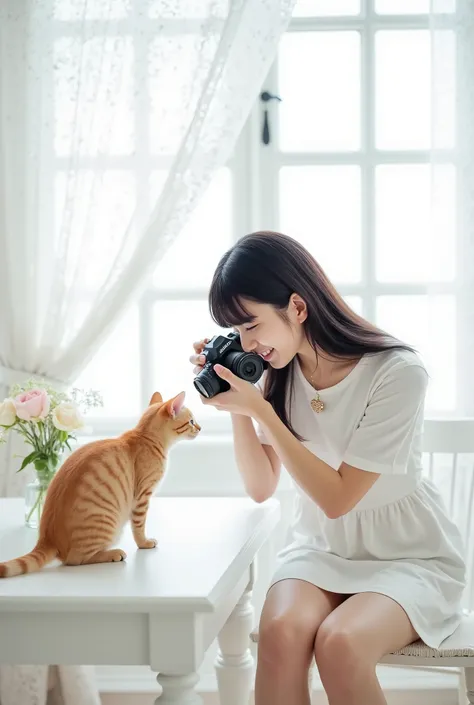 Create a serene and enchanting scene featuring a Japanese idol girl in a photo shoot. She has fair skin, long black hair styled in a ponytail with bangs, and a slender figure with delicate legs. Dressed in a white dress, she holds a DSLR camera, capturing ...