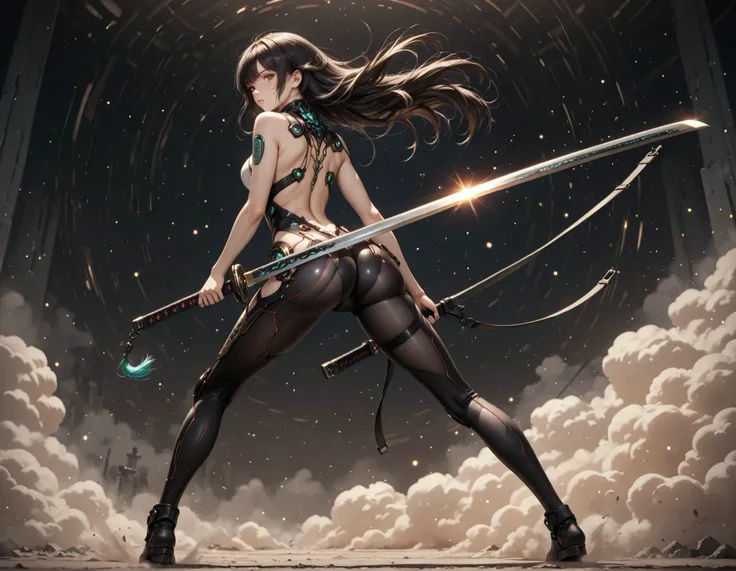  Eve character from the game called Stellar Blade in the middle of a post-apocalyptic scenario holding a huge katana sword (also called masamune), (with her back to the viewer), (full body), (hair moving in the wind), (light particles), (dust particles), (...
