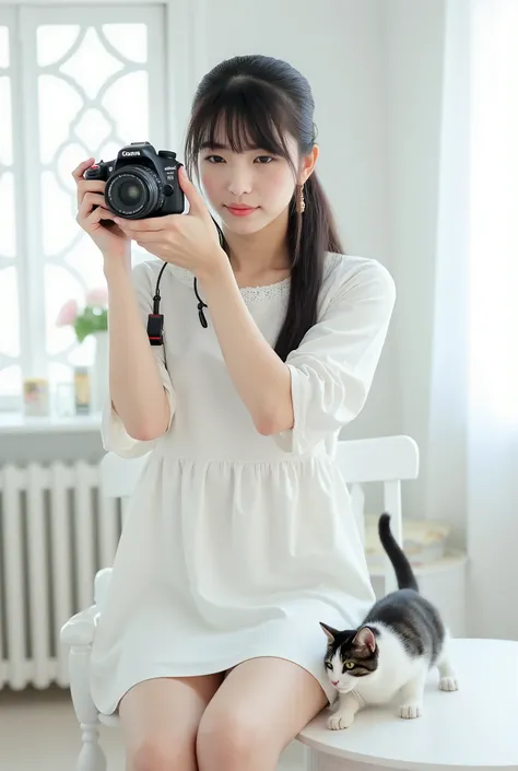 Create a serene and enchanting scene featuring a Japanese idol girl in a photo shoot. She has fair skin, long black hair styled in a ponytail with bangs, and a slender figure with delicate legs. Dressed in a white dress, she holds a DSLR camera, capturing ...
