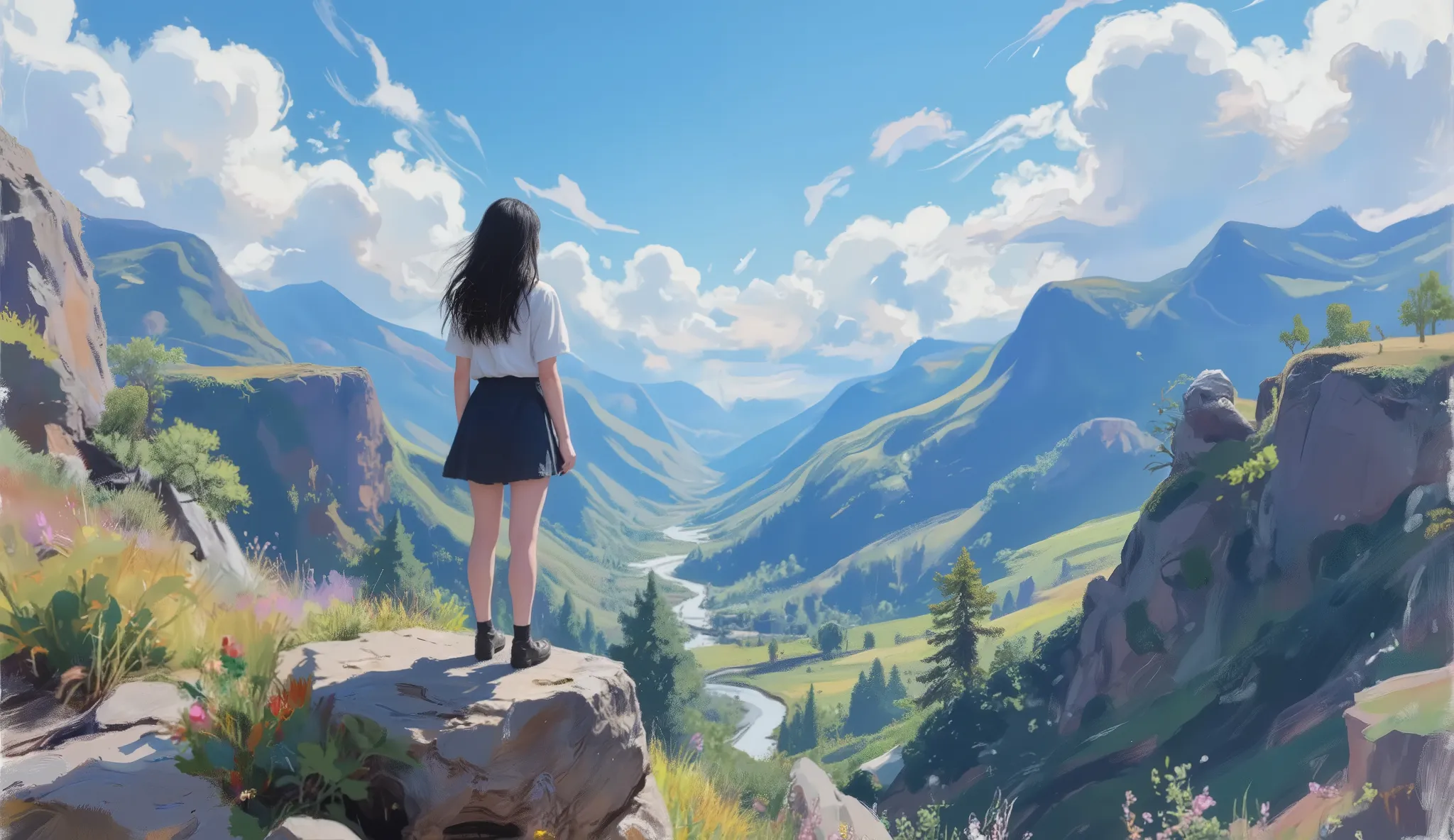 Woman standing on a cliff overlooking Fantasy Valley in a skirt, skinny, black hair, animation, Explore the contrasting, Costume with thick brushstrokes, Fantasy sky with clouds drawn with brushes, World drawn with mixed acrylic layers