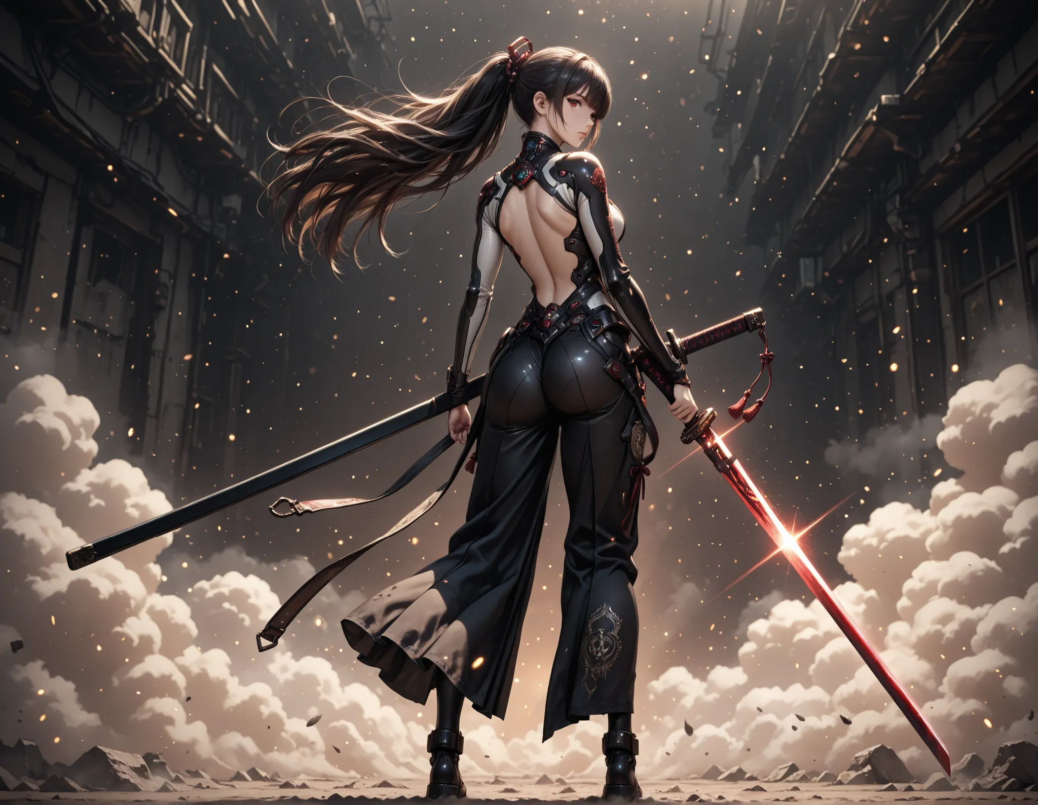  Eve character from the game called Stellar Blade in the middle of a post-apocalyptic scenario holding a huge katana sword (also called masamune), (with her back to the viewer), (full body), (hair moving in the wind), (light particles), (dust particles), (...