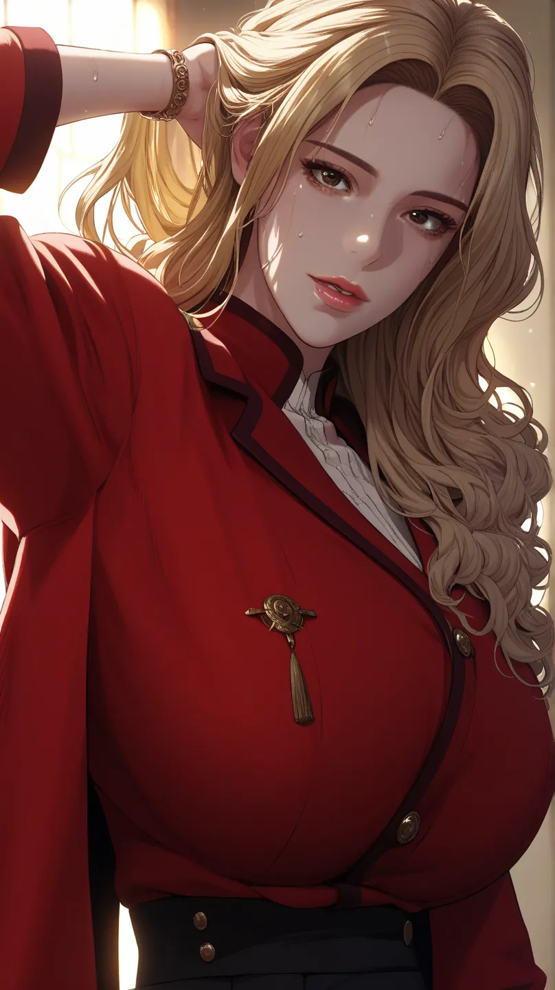 ((masterpiece)), best quality, very detailed, source_anime, anatomy_correct, detailed_finger, 
Score_9, Score_8_up, Score_7_up, Score_6_up, Score_5_up, Score_4_up, Source_anime, Tag1, Tag2, Quality_masterpiece, Anatomically correct, Beautiful face, Perfect face, Highly detailed beautiful face and eyes, Attractive face, Detailed face, Delicate facial features,  Detailed skin, , clear focus, perfect lighting, perfect contrast, anatomically correct, beautiful skin, detailed face and skin texture, detailed eyes, 8k, ultra high res, soft saturation, , soft lighting, simple background, nursery,clear focus, perfect lighting, perfect contrast, anatomically correct, beautiful skin, detailed face and skin texture, detailed eyes, 8k, ultra high res, soft saturation, adult}, {white skin}, {best quality},  {Highly detailed},  indian style, thick lips, {seductive smile}, {straight hair}, Huge breasts , ,  ,breast, sweating, blonde hair, dark_brown eyes, hair, loose hair,mature female ,  light skin , , 1girl, long_hair, solo, , blonde_hair,  looking_at_viewer, jewelry, , bracelet, sash, parted_lips, brown_eyes, arm_up, animal_print, sassy, sassy look, , a plain paper screen or wall, and perhaps a single sprig of flowers. This creates a sense of quiet elegance and focus.  ( GuP St. Gloriana's military uniform, red jacket, black skirt,)