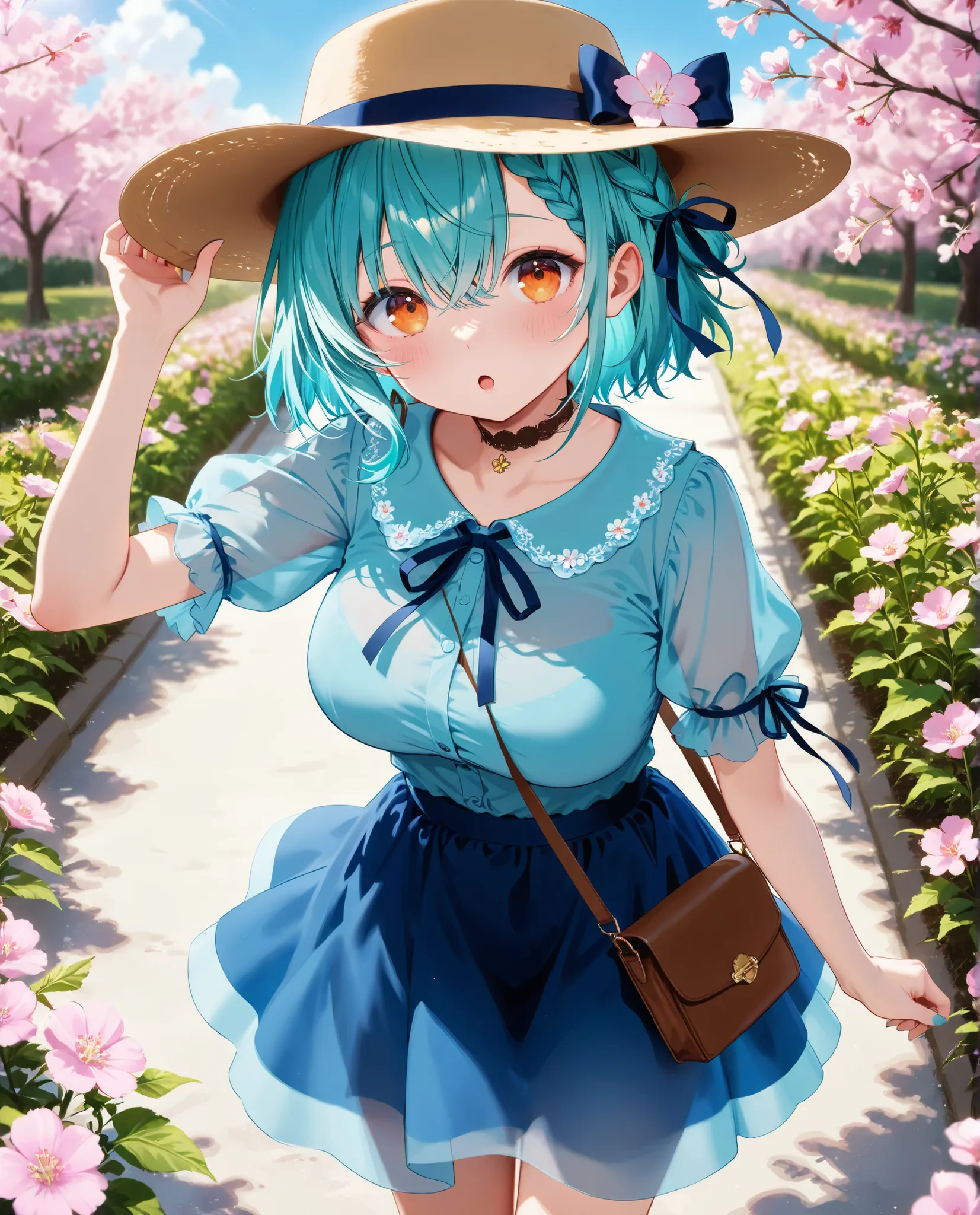 1girl, (solo:1.3), absurdres, aqua hair, short hair, braided bangs hairstyle, orange_eyes, golden_eyeshadow, large breasts, 1girl :o bag black_ribbon blue_shirt blue_skirt blue_sky brown_bag brown_hat choker clear_sky cloud day dot_nose feet_out_of_frame f...