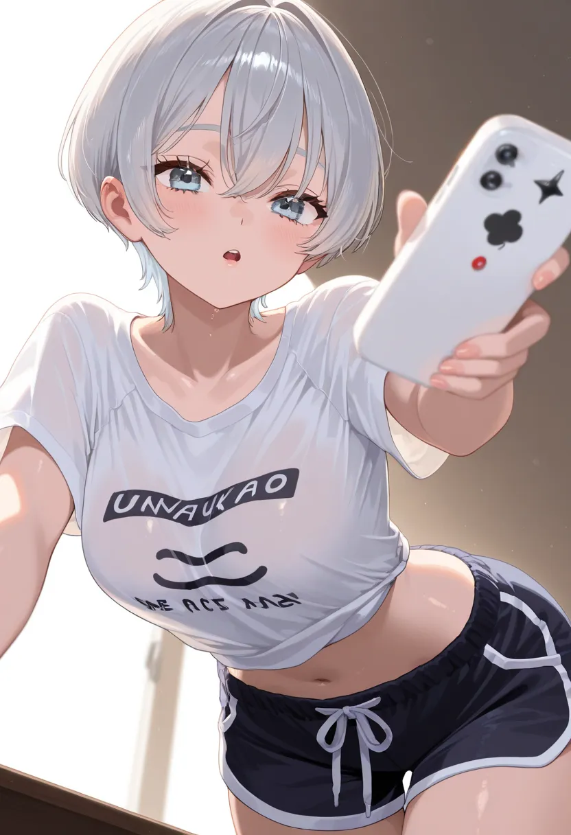 girl、silver hair、short hair、Buka buka button shirt、shorts