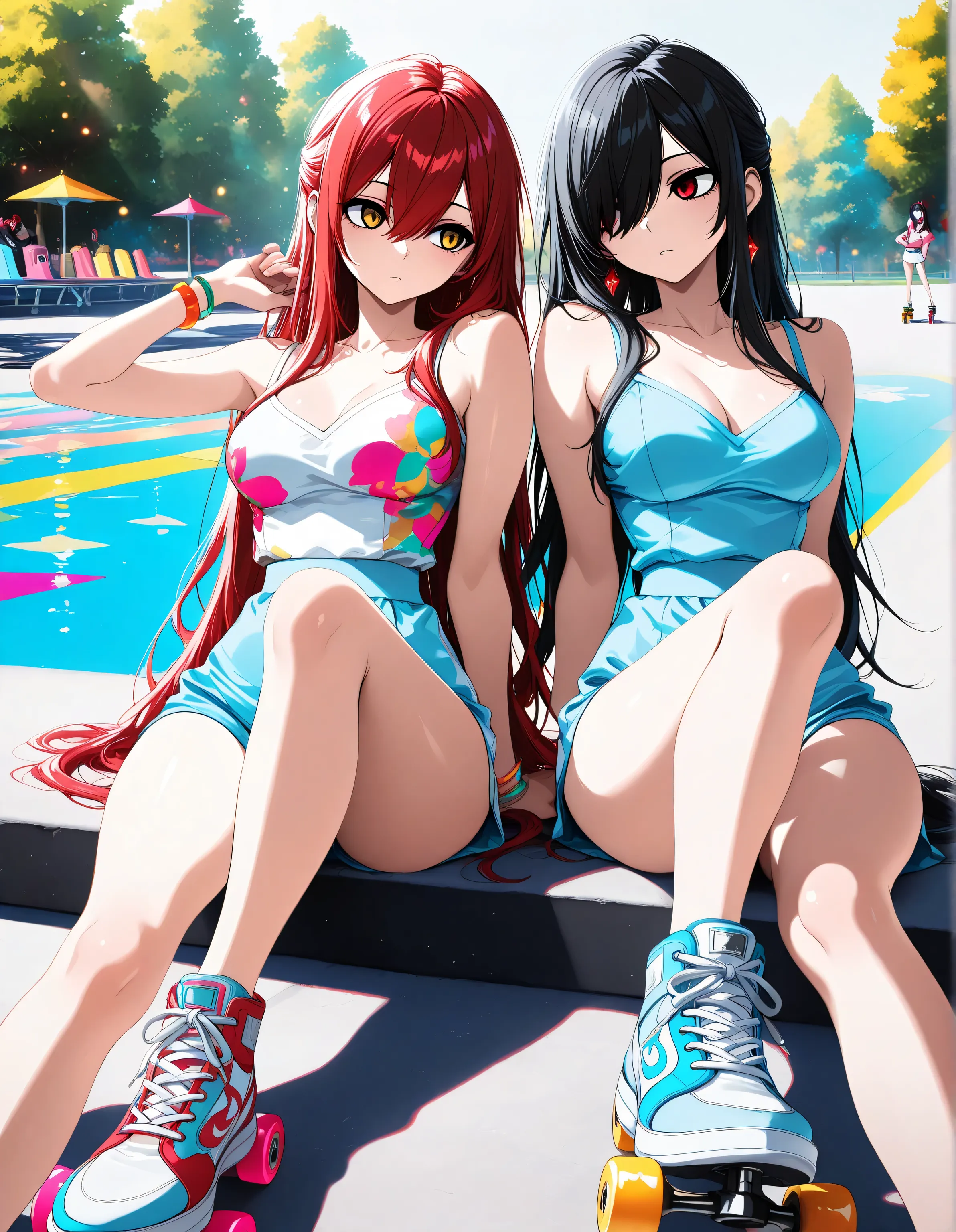 (only 2girls),duo focus, multiple girls, ,sitting in a skate park, sitting side-by-side, sunny day, Composition, foreshortening, positioning, pose, improved pose, body composition, facial expression, expression, sitting, simple y2k fashion, simple clothes,...