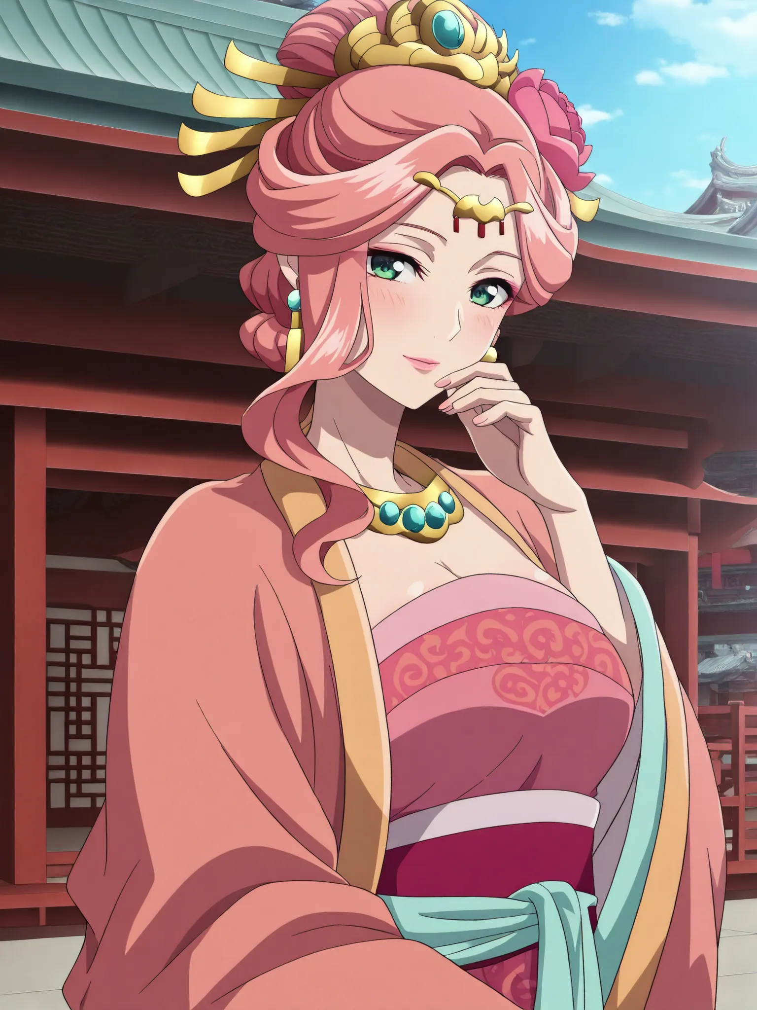 masterpiece, best quality, great quality, Very aesthetic, intricate details, very detailed background, 1 girl, solo,
 KJogyokuYou , pink hair from 2nd floor, green eyes, half up, Hair Flower, hair ornament, single side lock, pink lips, hair bun,
earrings, ...