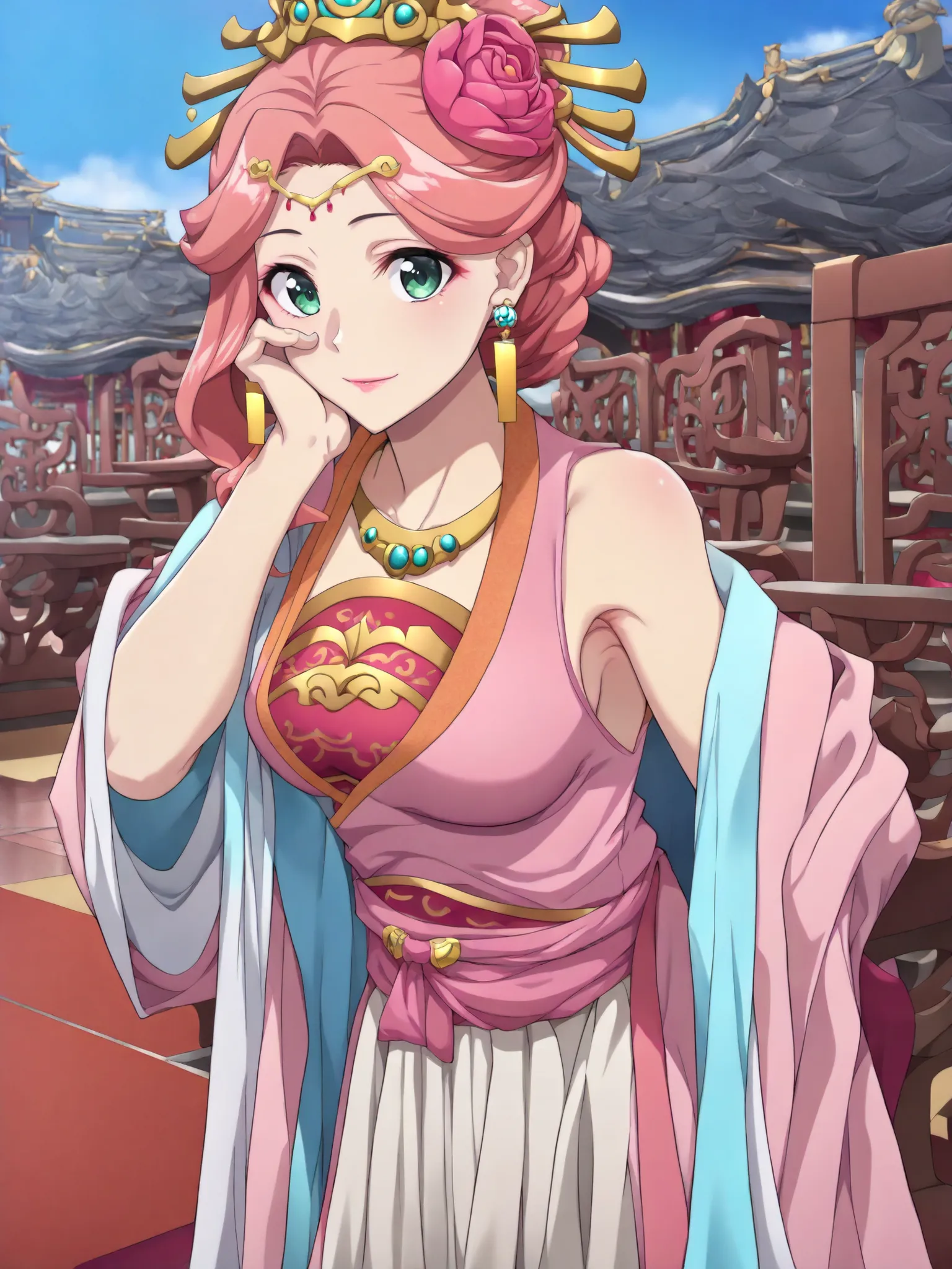 sleeveless,armpits,masterpiece, best quality, great quality, Very aesthetic, intricate details, very detailed background, 1 girl, solo,
 KJogyokuYou , pink hair from 2nd floor, green eyes, half up, Hair Flower, hair ornament, single side lock, pink lips, h...