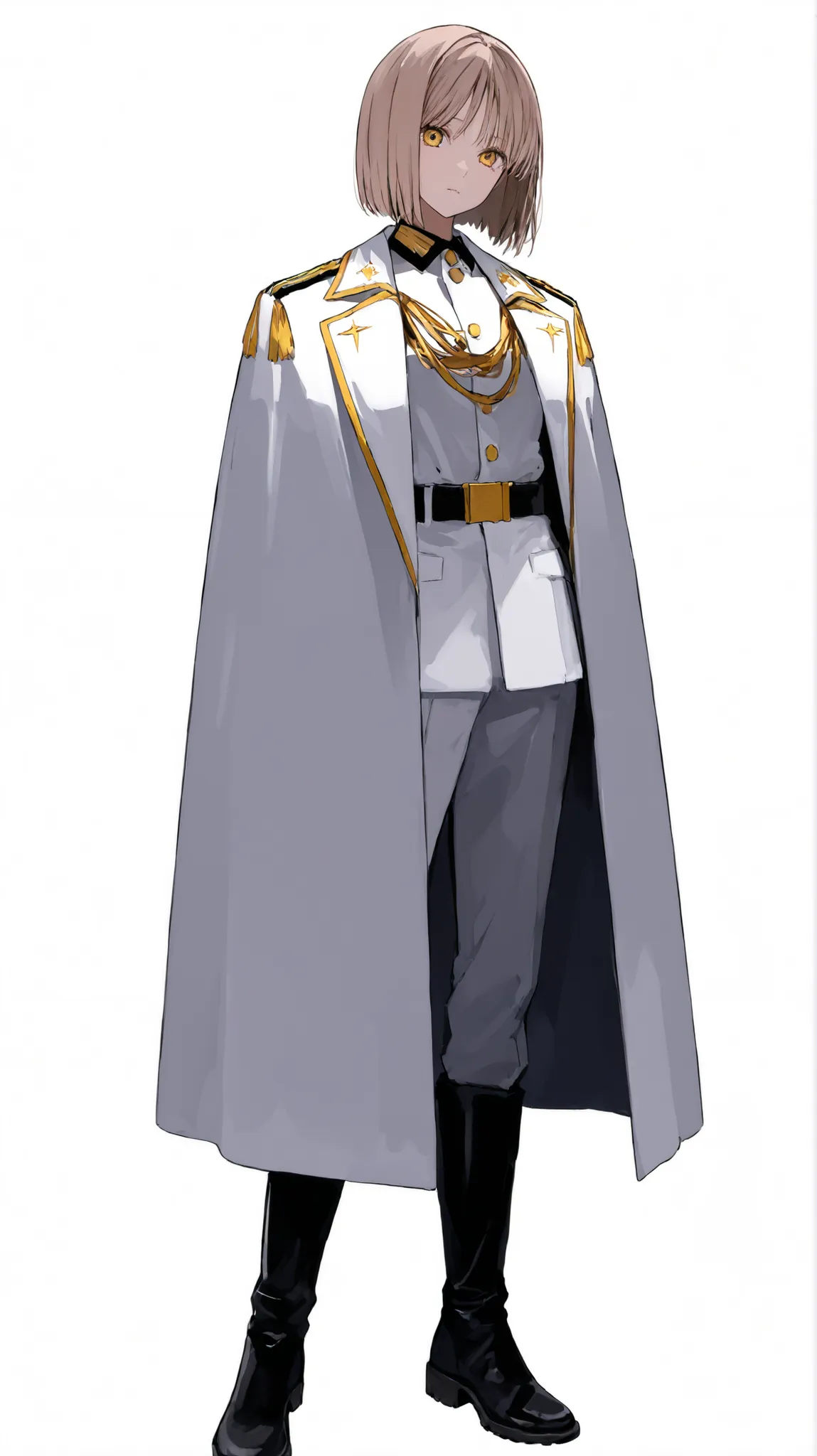 high image quality　girl　full body　front　standing up picture　Low height 　light brown hair　bob hair　golden eyes　white military uniforms　birthday　Formal Wear　Cloak coat　black short boots　white background