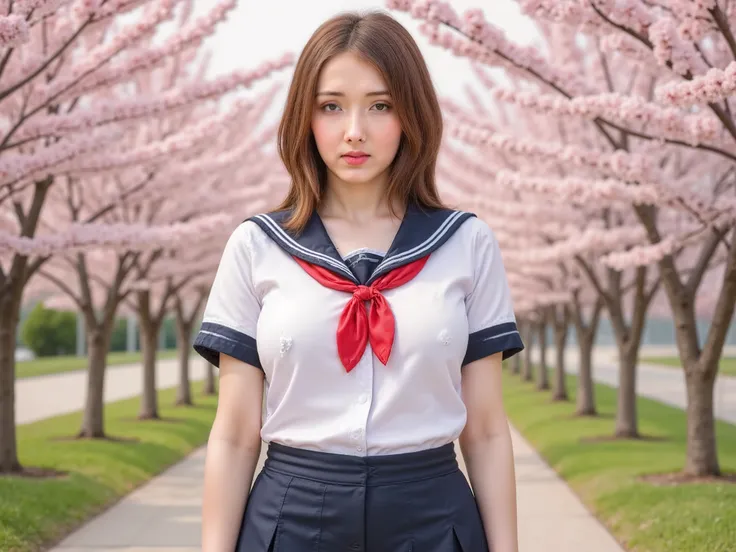 lucie wilde, a woman, GJGJAA, wearing a Japanese sailor school uniform and necktie, backgrounds outside cherry blossom trees