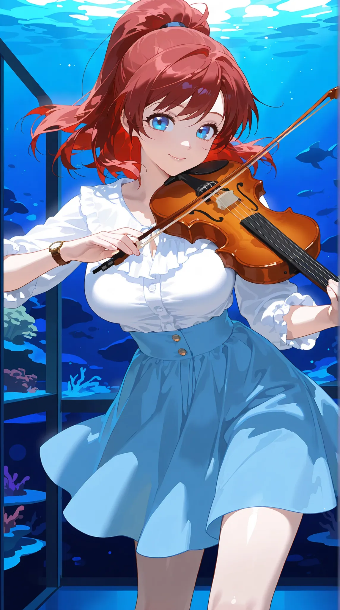 8K (high definition) (Super Detail)　(masterpiece)　(Highest Quality)　anime illustration taste　detailed eyes　detailed face　detailed hands　Delicate hair　 detailed wrinkles on clothes　very elaborate body to hold a guitar　fine skin　healthy skin tone with ro in ...