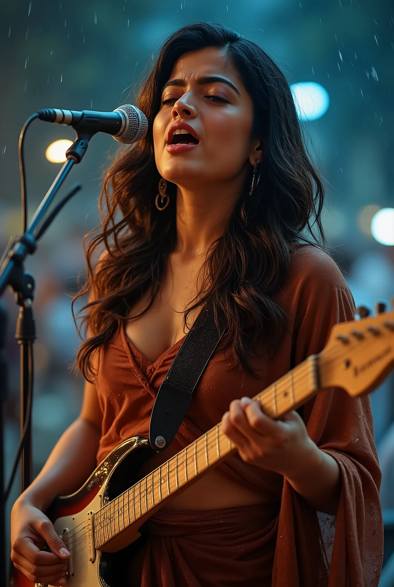 A stunning 30-year-old Indian woman with deep black-brown wavy hair, passionately singing while playing an electric guitar in the rain. She wears a wet, translucent saree that drapes elegantly over her hourglass figure, combining sensuality and grace. Her ...
