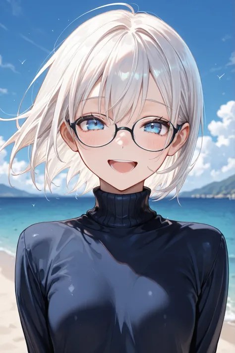 ((Masterpiece)),((best quality)),((incredibly absurdres)),((8K)),(semi realistic),
1 girl,solo,young female,aged up,kawaii,white hair,short hair,straight hair,blue eyes,small breasts,
(black eyewear),(navy blue turtleneck shirt),
(smile),(squinting:0.5),op...