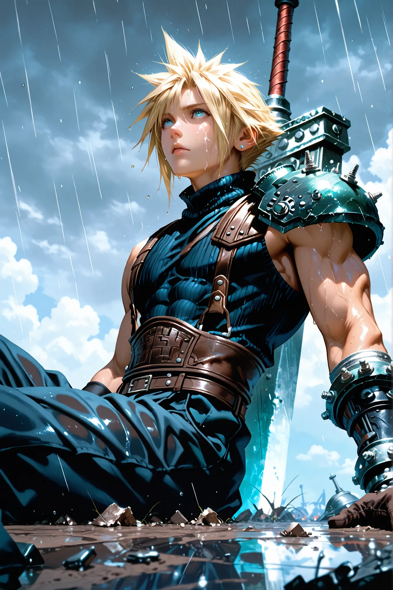 Cloud Strife, Final Fantasy VII, classic SOLDIER outfit, black sleeveless top, shoulder armor, gloves, leather belts, dark pants, muscular male, defined abs, sitting on the ground, leaning back against a large Buster Sword stuck into the ground, looking up...