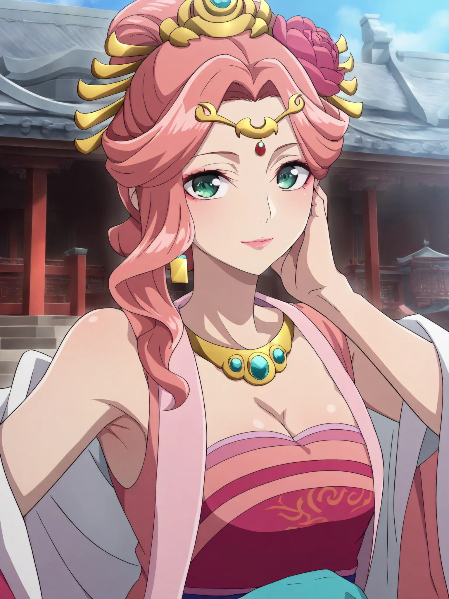 sleeveless,armpits,cleavage,masterpiece, best quality, great quality, Very aesthetic, intricate details, very detailed background, 1 girl, solo,
 KJogyokuYou , pink hair from 2nd floor, green eyes, half up, Hair Flower, hair ornament, single side lock, pin...