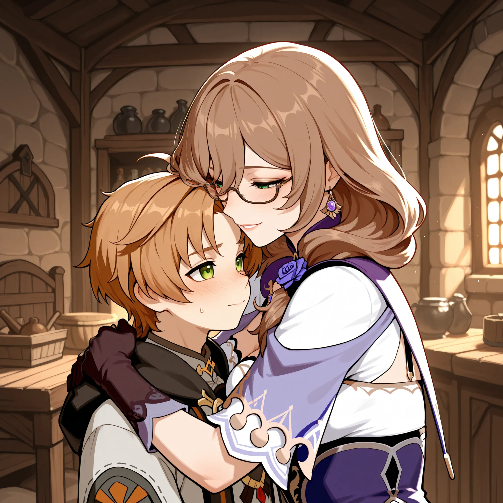 Love couple, older woman with younger man, Rudeus Greyrat and Lisa Genshin Impact, glasses, medieval room, hugging each other, masterpiece, best quality, High resolution