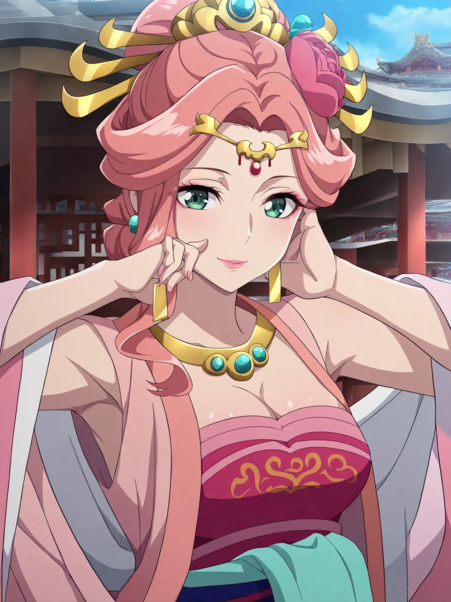 sleeveless,armpits,cleavage,masterpiece, best quality, great quality, Very aesthetic, intricate details, very detailed background, 1 girl, solo,
 KJogyokuYou , pink hair from 2nd floor, green eyes, half up, Hair Flower, hair ornament, single side lock, pin...