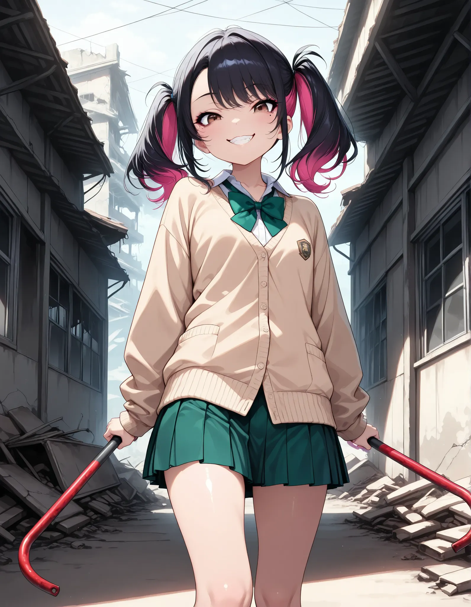 (1 girl,  Crazy Smile, black hair with pink inner color hair), Shake the crowbar:1.2, beautiful digital illustration, with attention to detail, (school uniform, shirt, bright green bow tie , Beige Cardigan, green pleated skirt), Super shiny skin , slender,...