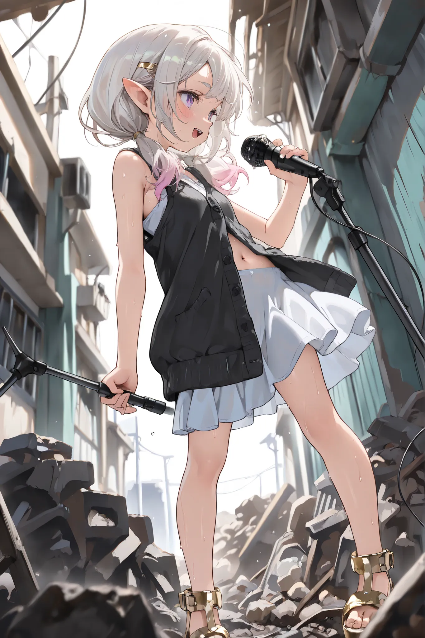 ((Masterpiece)), ((best quality, very aesthetic, absurdres, newest)), (fisheye, profile), (8K), (cinematic lighting), ((1girl)), (cute young girl), (Healthy body, Textured skin, small breast, tilt head), elf ears, Glossy unruly hair, (platinum-gold hair, g...