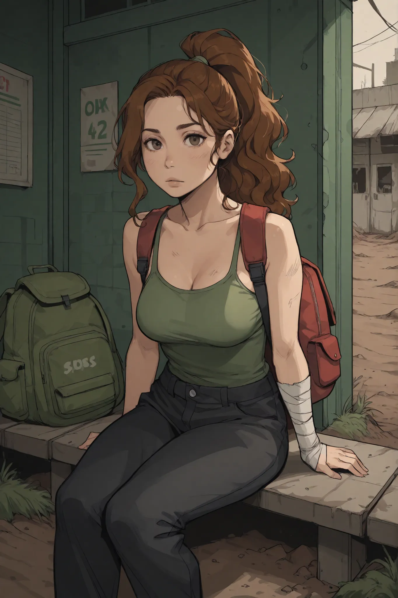 1 woman, brown hair, wavy hair, ponytail, voluptuous, medium breasts, moss green tank top, black pants, backpack, bandages, dirt, abandoned dark convenience store, sitting, look at viewer