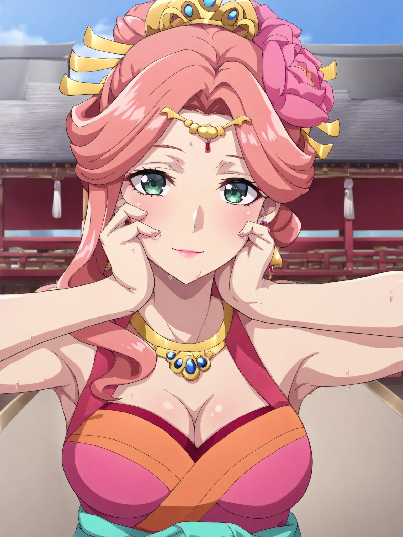 sleeveless,armpits,wet skin,cleavage,masterpiece, best quality, great quality, Very aesthetic, intricate details, very detailed background, 1 girl, solo,KJogyokuYou , pink hair from 2nd floor, green eyes, half up, Hair Flower, hair ornament, single side lo...