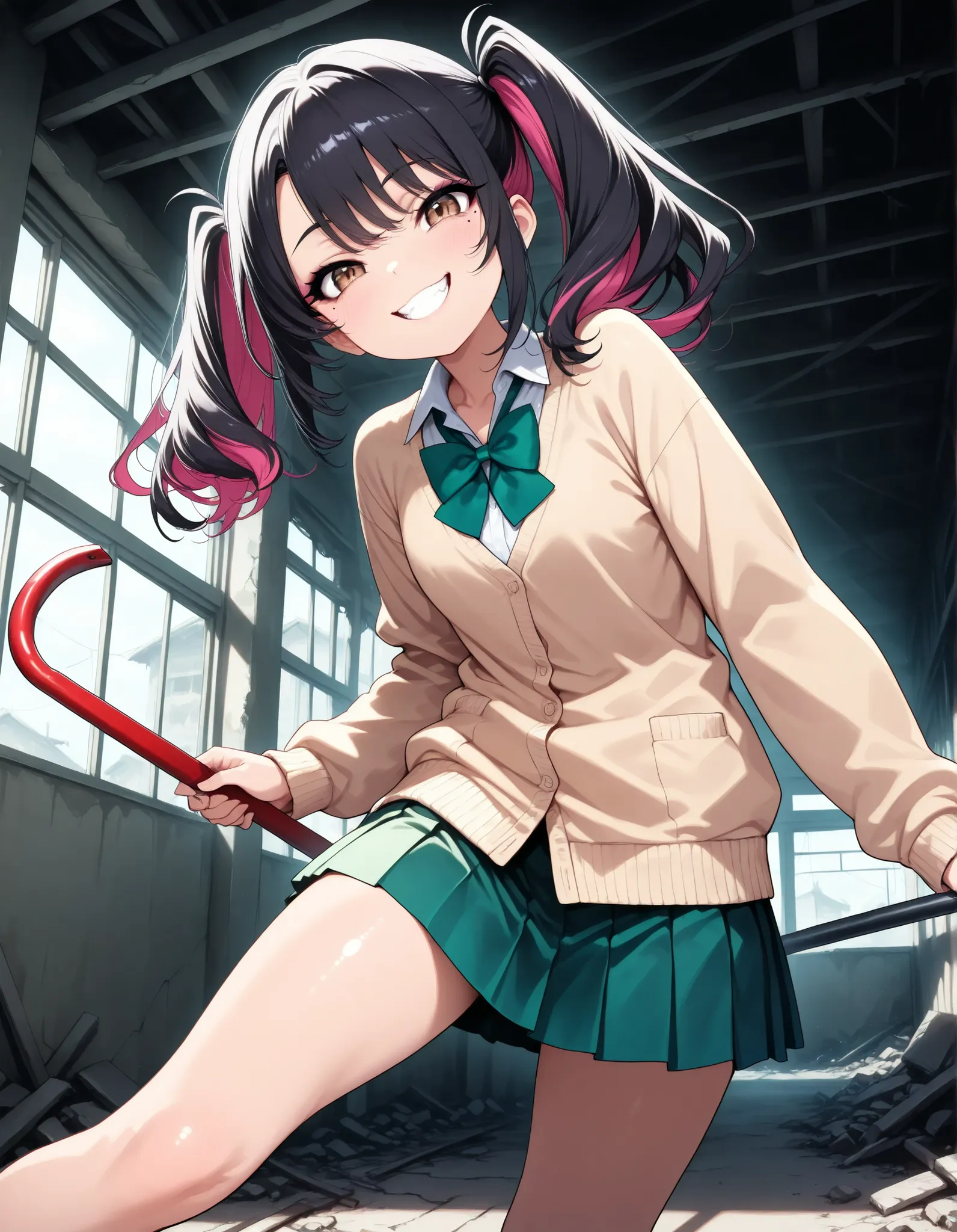 (1 girl,  Crazy Smile, black hair with pink inner color hair), Shake the crowbar:1.2, beautiful digital illustration, with attention to detail, (school uniform, shirt, bright green bow tie , Beige Cardigan, green pleated skirt), Super shiny skin , slender,...