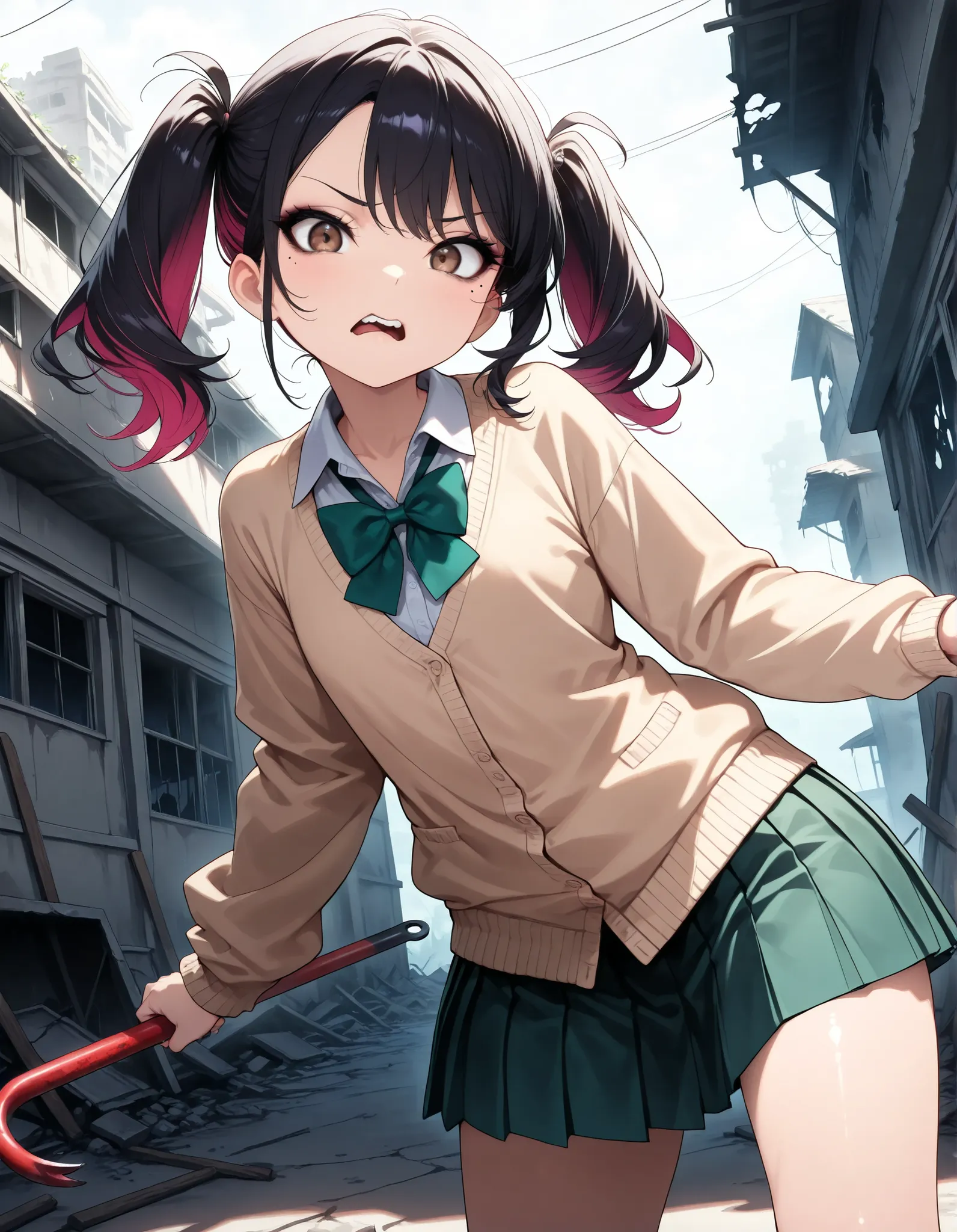 (1 girl, stares, Distorted Mouth), Hold something like a crowbar:1.2, beautiful digital illustration, with attention to detail, (school uniform, shirt, bright green bow tie , Beige Cardigan, green pleated skirt), Super shiny skin , slender, beautiful face,...