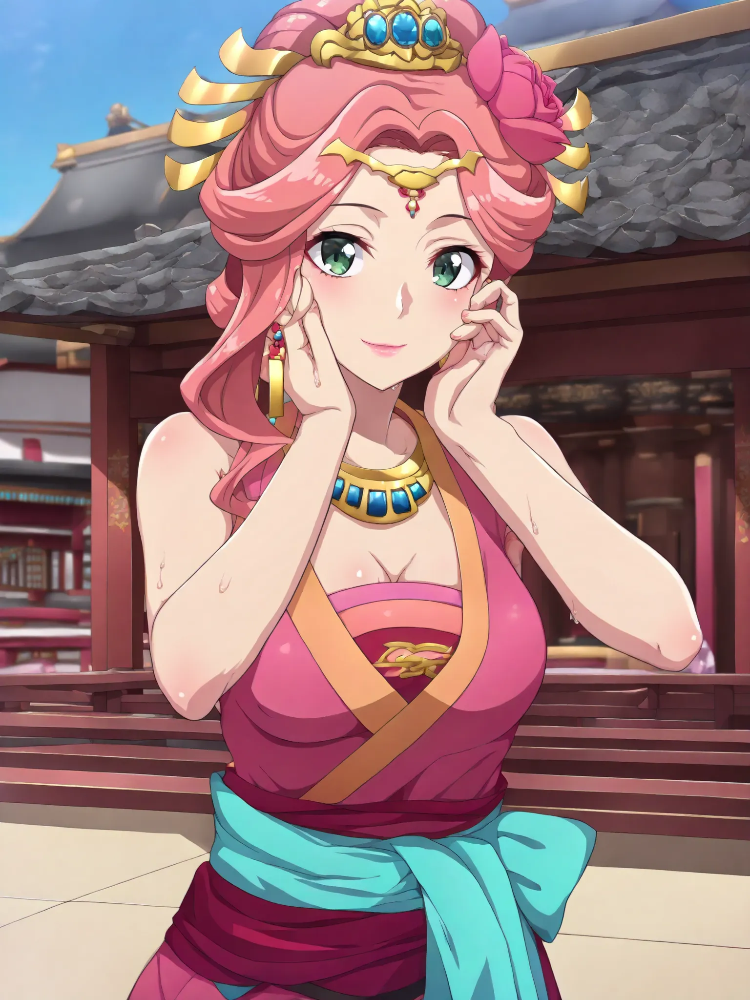 sleeveless,armpits,wet skin,cleavage,masterpiece, best quality, great quality, Very aesthetic, intricate details, very detailed background, 1 girl, solo,KJogyokuYou , pink hair from 2nd floor, green eyes, half up, Hair Flower, hair ornament, single side lo...