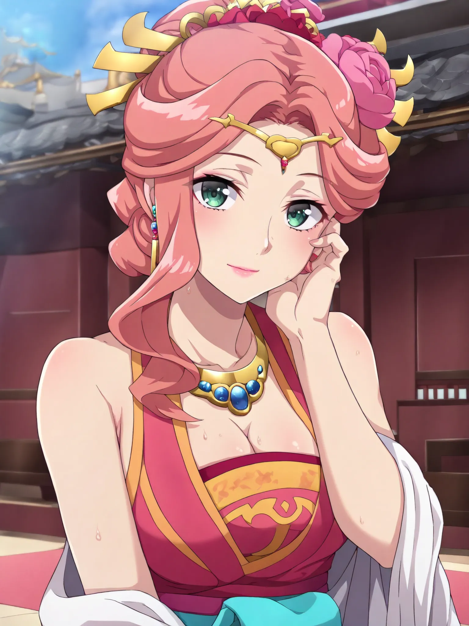 sleeveless,armpits,wet skin,cleavage,masterpiece, best quality, great quality, Very aesthetic, intricate details, very detailed background, 1 girl, solo,KJogyokuYou , pink hair from 2nd floor, green eyes, half up, Hair Flower, hair ornament, single side lo...