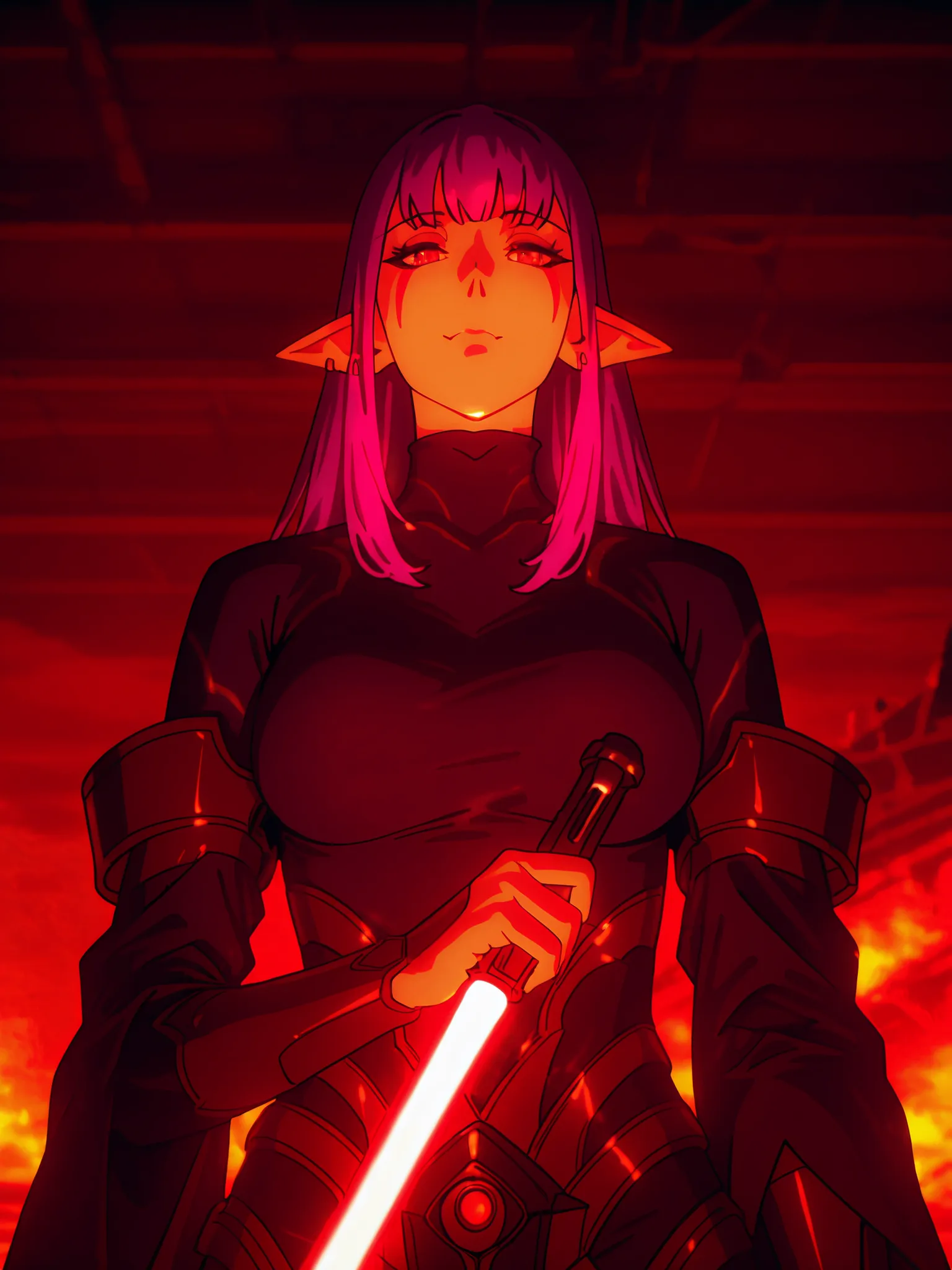 Esil Radiru, earrings, pointy ears, purple hair, red eyes, fangs, facial mark, Lightsaber fight between a Sith and a Jedi, (30-year-old, hourglass figure, perfectly fitted body, natural large breasts), Femme Fatale, long eyelashes, seductive eyes, Award-wi...