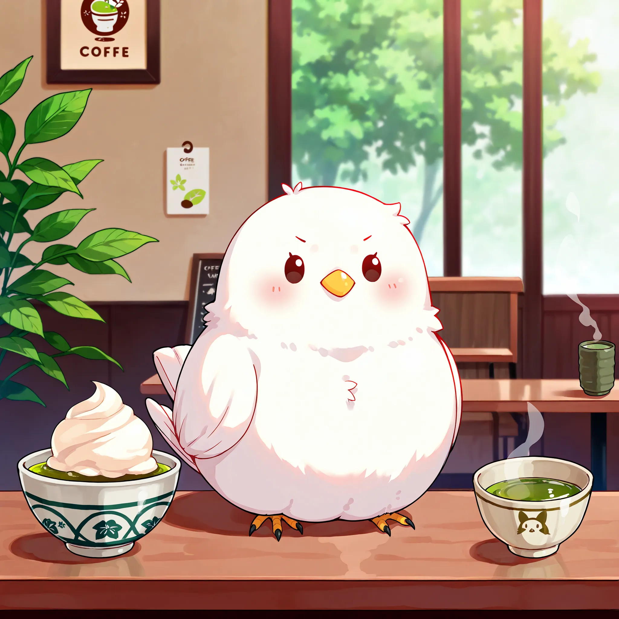 Masterpiece,Best quality, ultra detailed,Japanese Anime style, (pure white sparrow mascot) , round body, fluffy body,simple face, cute appearance, Coffee shop, on a cafe table,( ice cream served in a beautiful bowl), ((Japanese green tea in a Japanese Yuno...
