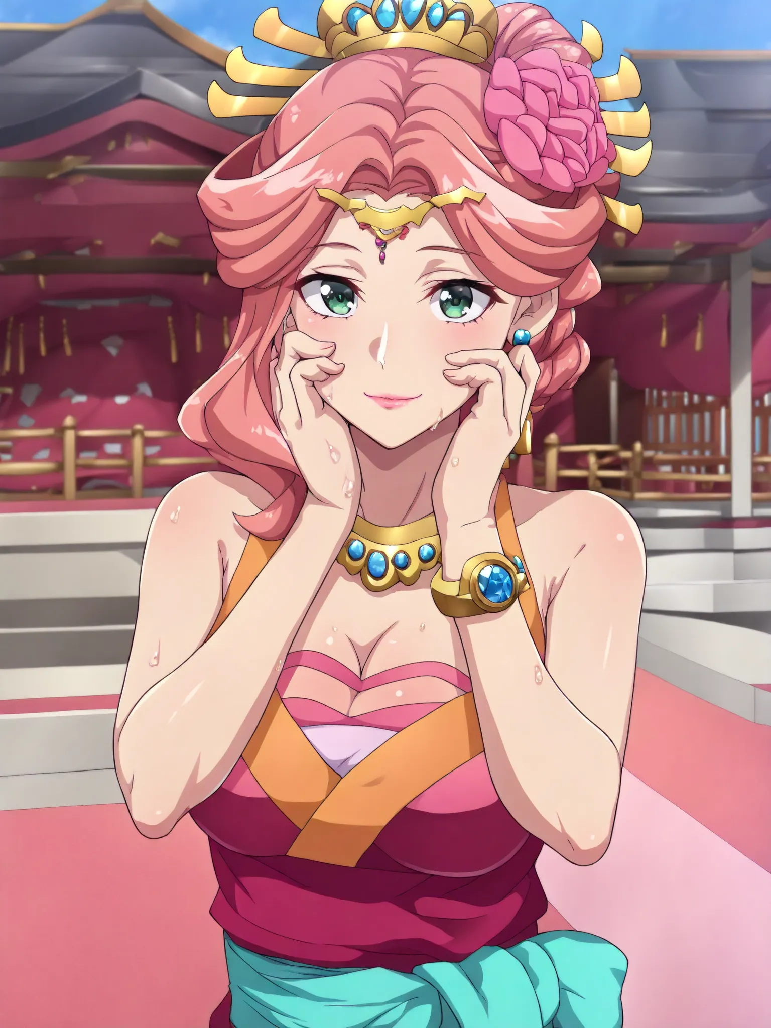 sleeveless,armpits,wet skin,cleavage,masterpiece, best quality, great quality, Very aesthetic, intricate details, very detailed background, 1 girl, solo,KJogyokuYou , pink hair from 2nd floor, green eyes, half up, Hair Flower, hair ornament, single side lo...