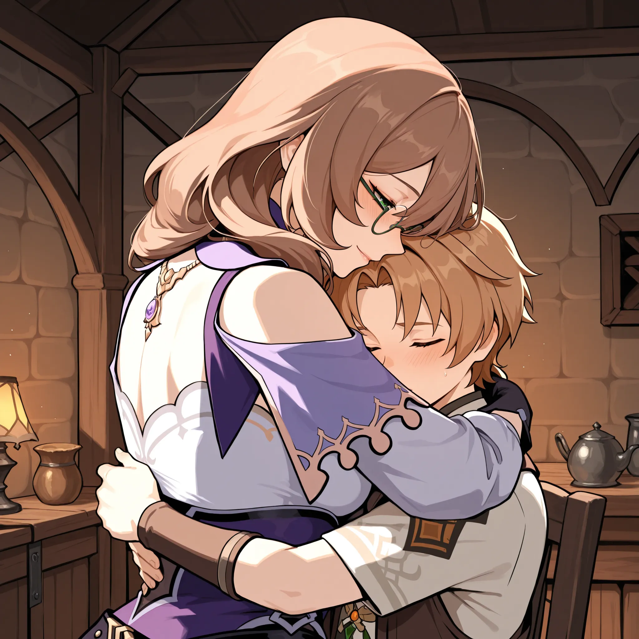 Love couple, older woman with younger man, Rudeus Greyrat and Lisa Genshin Impact, glasses, medieval room, hugging each other, masterpiece, best quality, High resolution
