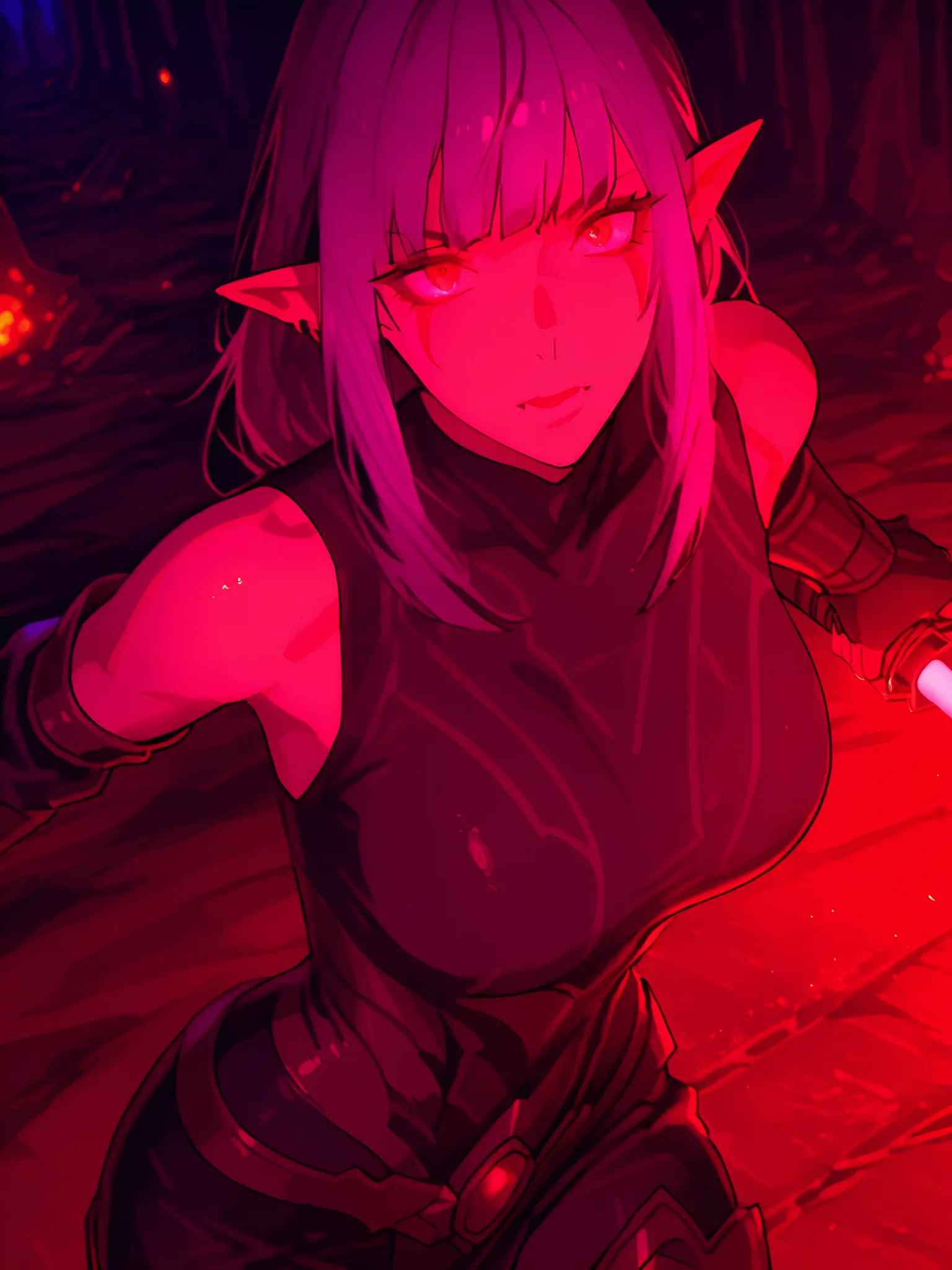 Esil Radiru, earrings, pointy ears, purple hair, red eyes, fangs, facial mark, Lightsaber fight between a Sith and a Jedi, (30-year-old, hourglass figure, perfectly fitted body, natural large breasts), Femme Fatale, long eyelashes, seductive eyes, Award-wi...
