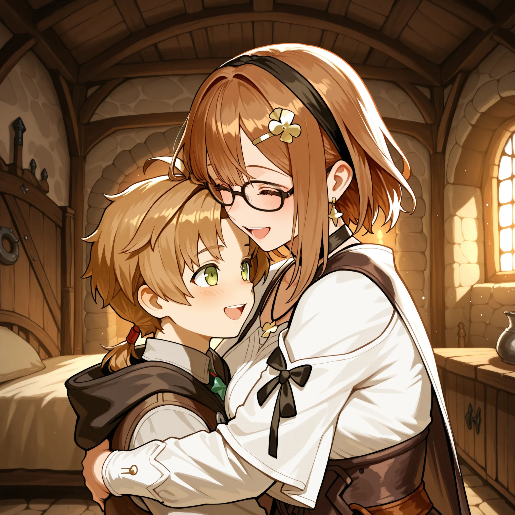 Love couple, older woman with younger man, Rudeus Greyrat and Ryza, glasses, happy looking, medieval room, hugging each other, masterpiece, best quality, High resolution