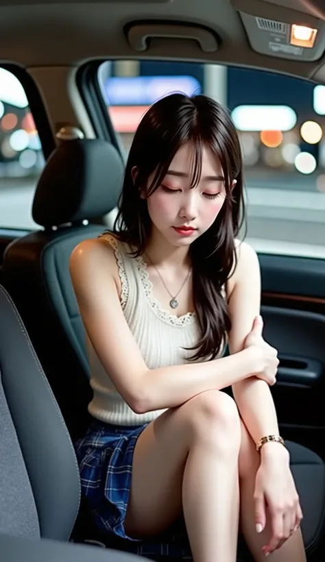 ((Draw the upper body:1.ung Japanese woman sitting in the passenger seat、((dating))、(Sitting in the passenger seat of a Japanese passenger car and dozing off)、(((Woman dozing off in the passenger seat)))、(shot from the right side of a woman:1.4)、The driver...