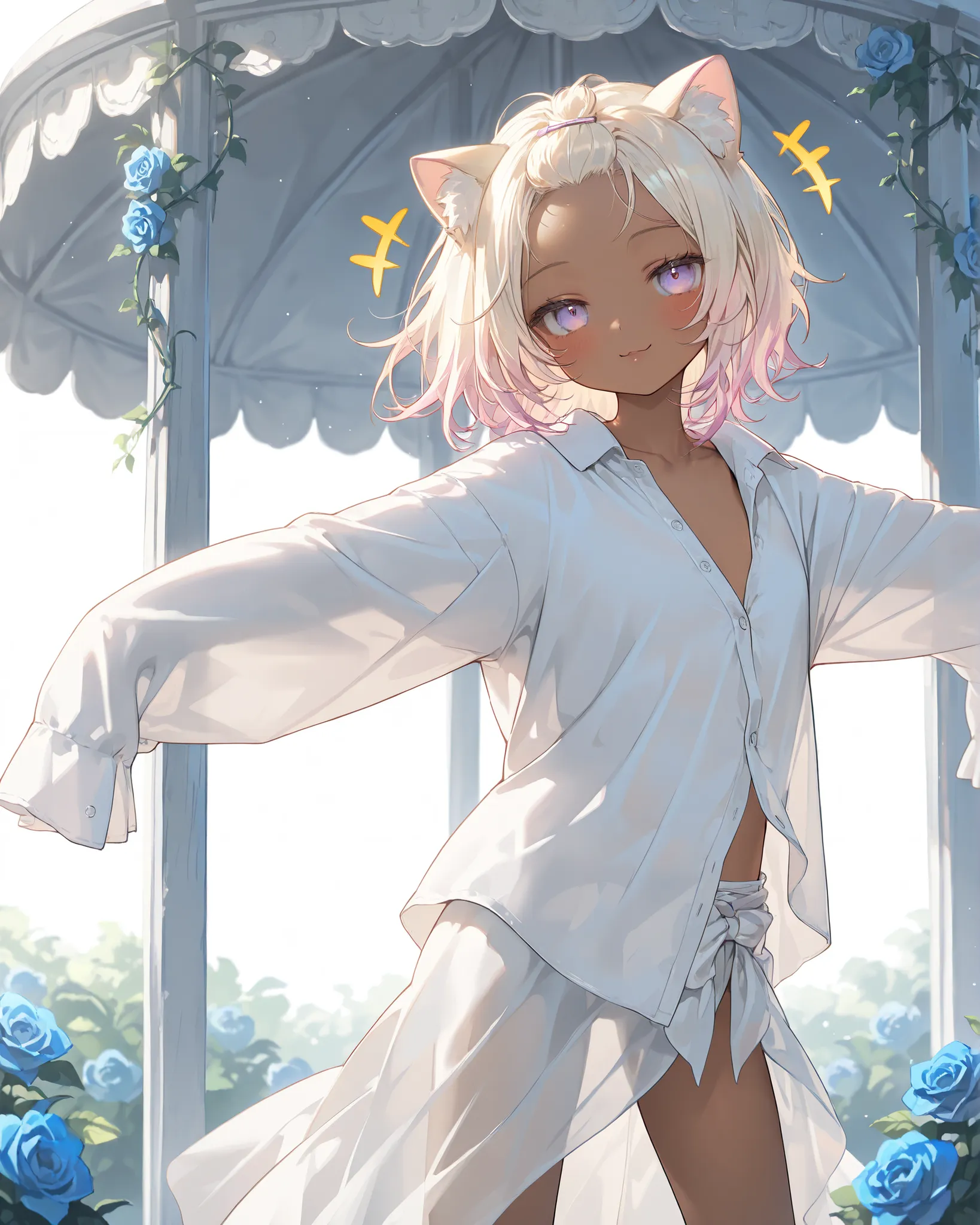 ((Masterpiece)), ((best quality, very aesthetic, absurdres, newest)), (wide shot, from side), (8K), (cinematic lighting), ((1girl)), (cute young girl), (Healthy body, Textured skin, small breast, tilt head), (brown-skin)), (Pale blonde hair, gradient hair,...