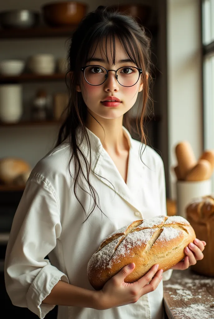((Highest Quality、masterpiece、high sensitivity、high definition、detailed depiction、depicting a delicate face、Ｆvalue：6.0),((Slender Woman、wearing glasses)),Baker's cook、holding a freshly made loaf of bread、flour on his face、